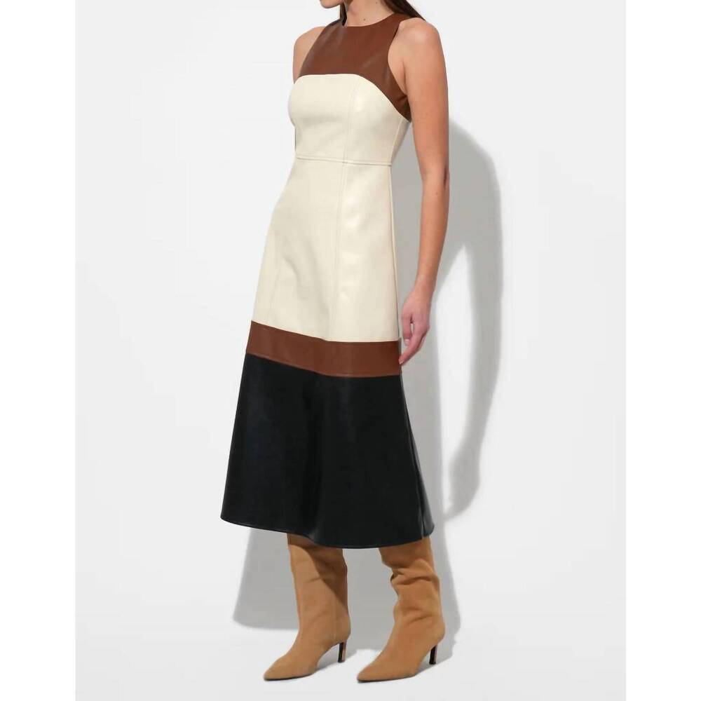 NEW THML sleeveless faux leather midi dress in colorblock - Picture 4 of 5